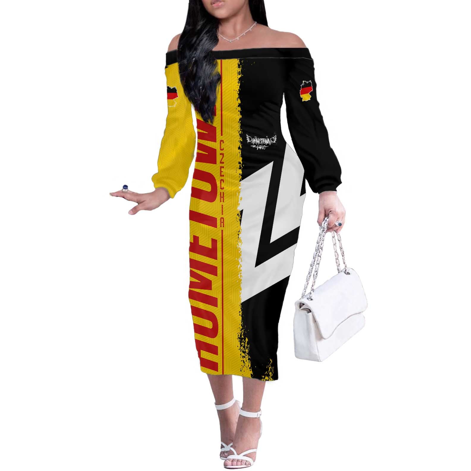 Hometown Germany Off The Shoulder Long Sleeve Dress Flag and Map - Wonder Print Shop