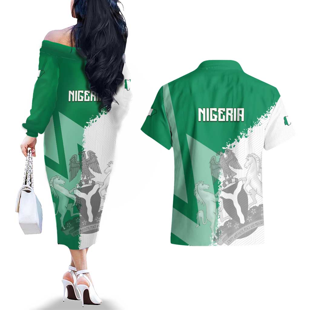 Hometown Nigeria Couples Matching Off The Shoulder Long Sleeve Dress and Hawaiian Shirt Flag and Map - Wonder Print Shop