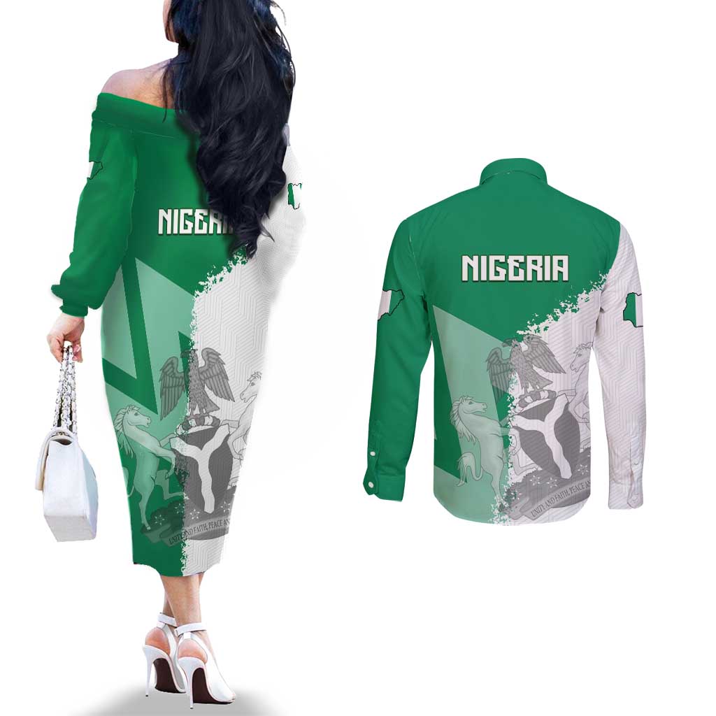 Hometown Nigeria Couples Matching Off The Shoulder Long Sleeve Dress and Long Sleeve Button Shirt Flag and Map