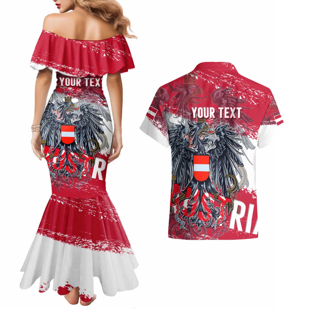 Personalized Coat Of Arms Austria Couples Matching Mermaid Dress and Hawaiian Shirt Grunge Style - Wonder Print Shop