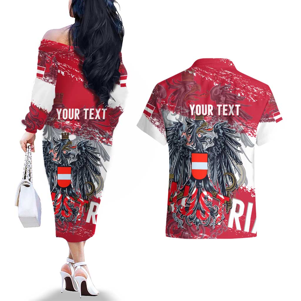 Personalized Coat Of Arms Austria Couples Matching Off The Shoulder Long Sleeve Dress and Hawaiian Shirt Grunge Style - Wonder Print Shop