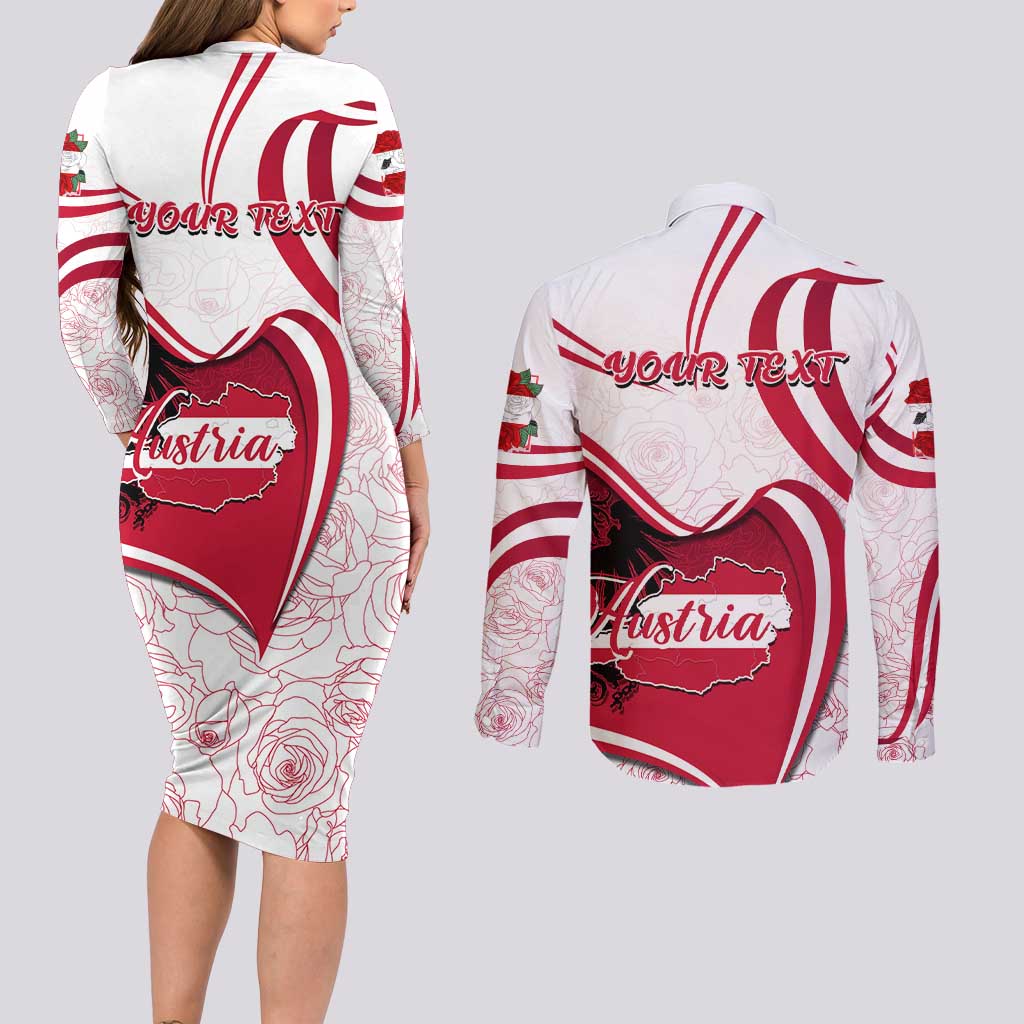 Personalized Austria In My Heart Couples Matching Long Sleeve Bodycon Dress and Long Sleeve Button Shirt Osterreich Map Flag - Wonder Print Shop