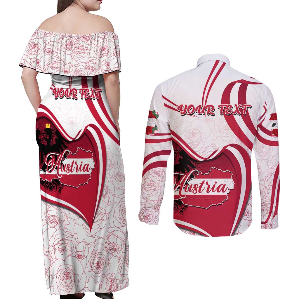 Personalized Austria In My Heart Couples Matching Off Shoulder Maxi Dress and Long Sleeve Button Shirt Osterreich Map Flag - Wonder Print Shop