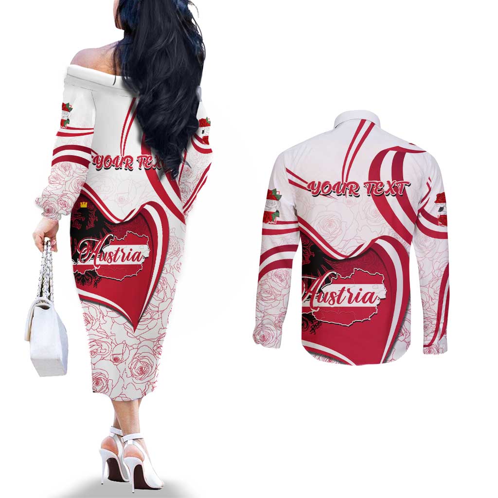 Personalized Austria In My Heart Couples Matching Off The Shoulder Long Sleeve Dress and Long Sleeve Button Shirt Osterreich Map Flag