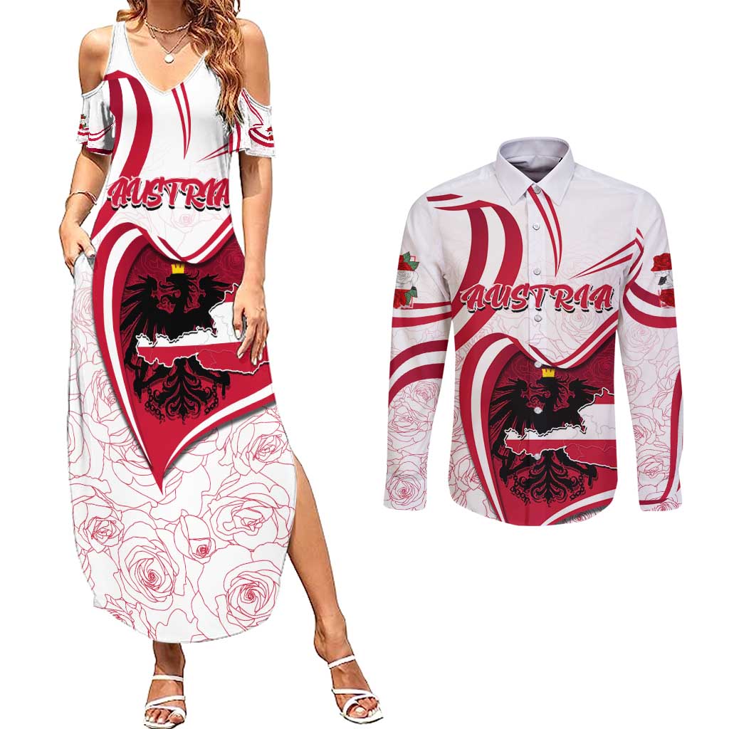 Personalized Austria In My Heart Couples Matching Summer Maxi Dress and Long Sleeve Button Shirt Osterreich Map Flag - Wonder Print Shop