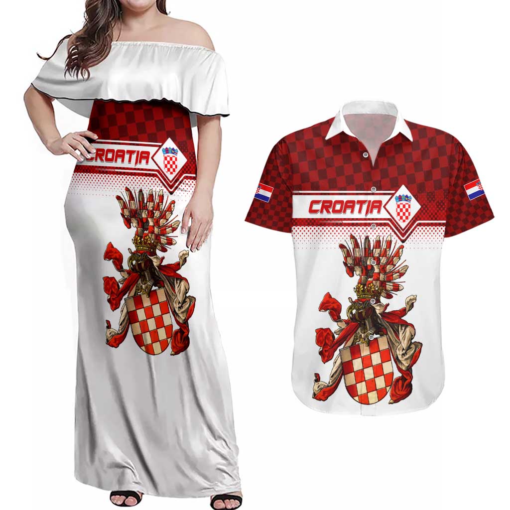 Personalized Croatia Couples Matching Off Shoulder Maxi Dress and Hawaiian Shirt Vintage Coat Of Arms - Wonder Print Shop