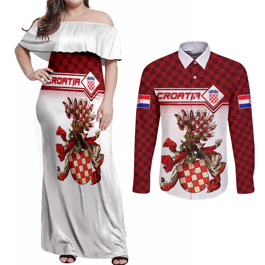 Personalized Croatia Couples Matching Off Shoulder Maxi Dress and Long Sleeve Button Shirt Vintage Coat Of Arms - Wonder Print Shop