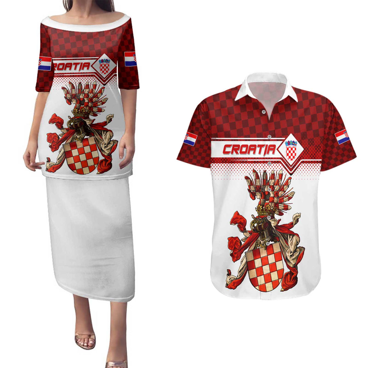Personalized Croatia Couples Matching Puletasi and Hawaiian Shirt Vintage Coat Of Arms - Wonder Print Shop