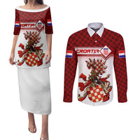 Personalized Croatia Couples Matching Puletasi and Long Sleeve Button Shirt Vintage Coat Of Arms - Wonder Print Shop