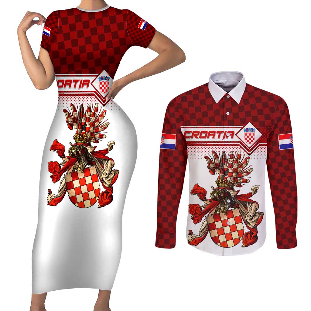 Personalized Croatia Couples Matching Short Sleeve Bodycon Dress and Long Sleeve Button Shirt Vintage Coat Of Arms - Wonder Print Shop