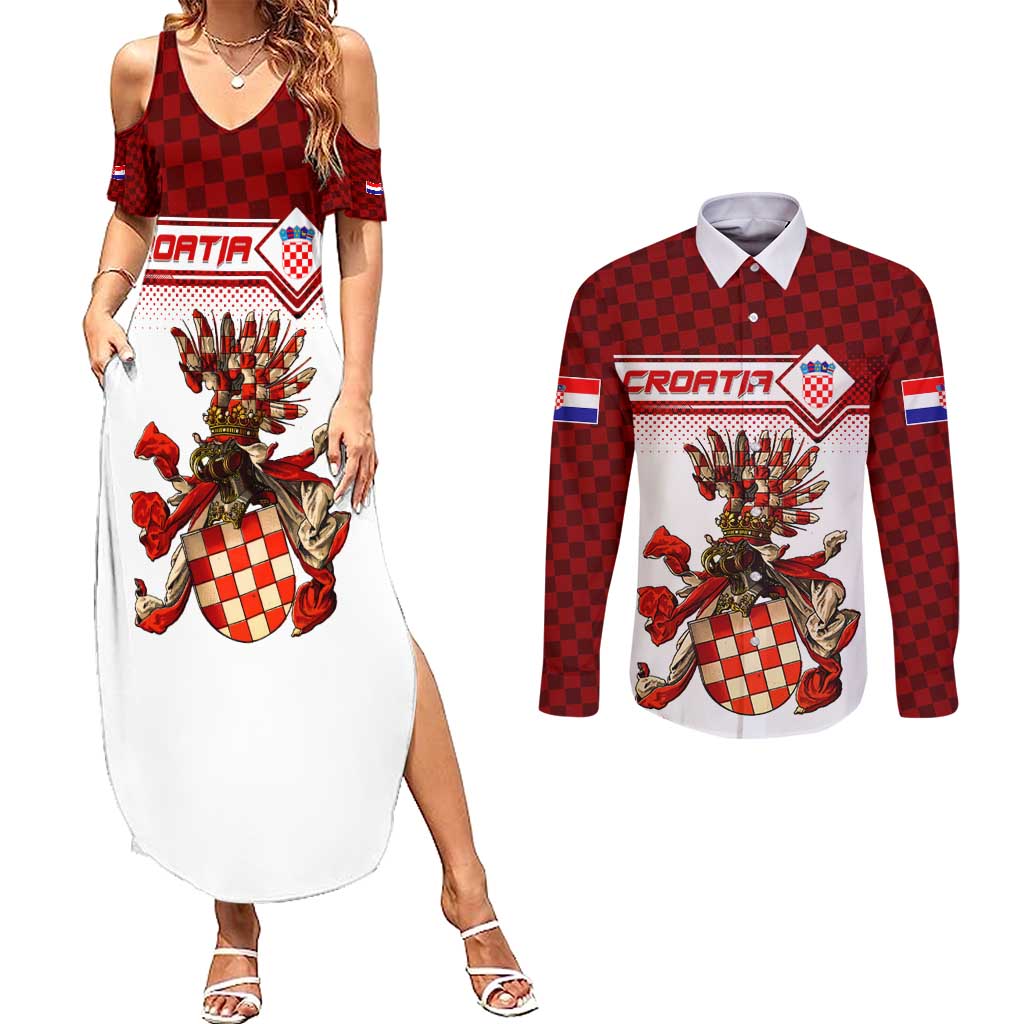 Personalized Croatia Couples Matching Summer Maxi Dress and Long Sleeve Button Shirt Vintage Coat Of Arms - Wonder Print Shop