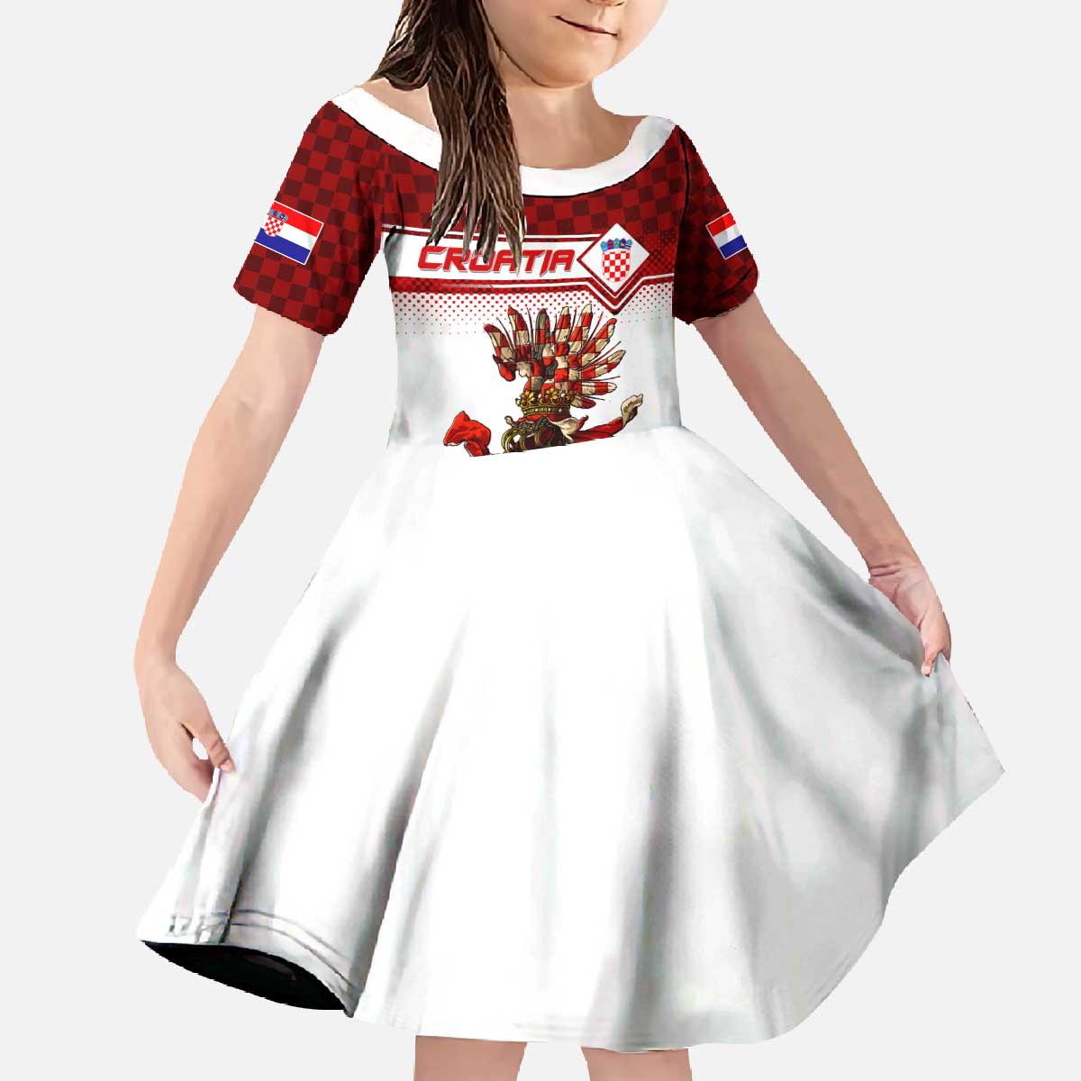 Personalized Croatia Family Matching Off The Shoulder Long Sleeve Dress and Hawaiian Shirt Vintage Coat Of Arms - Wonder Print Shop