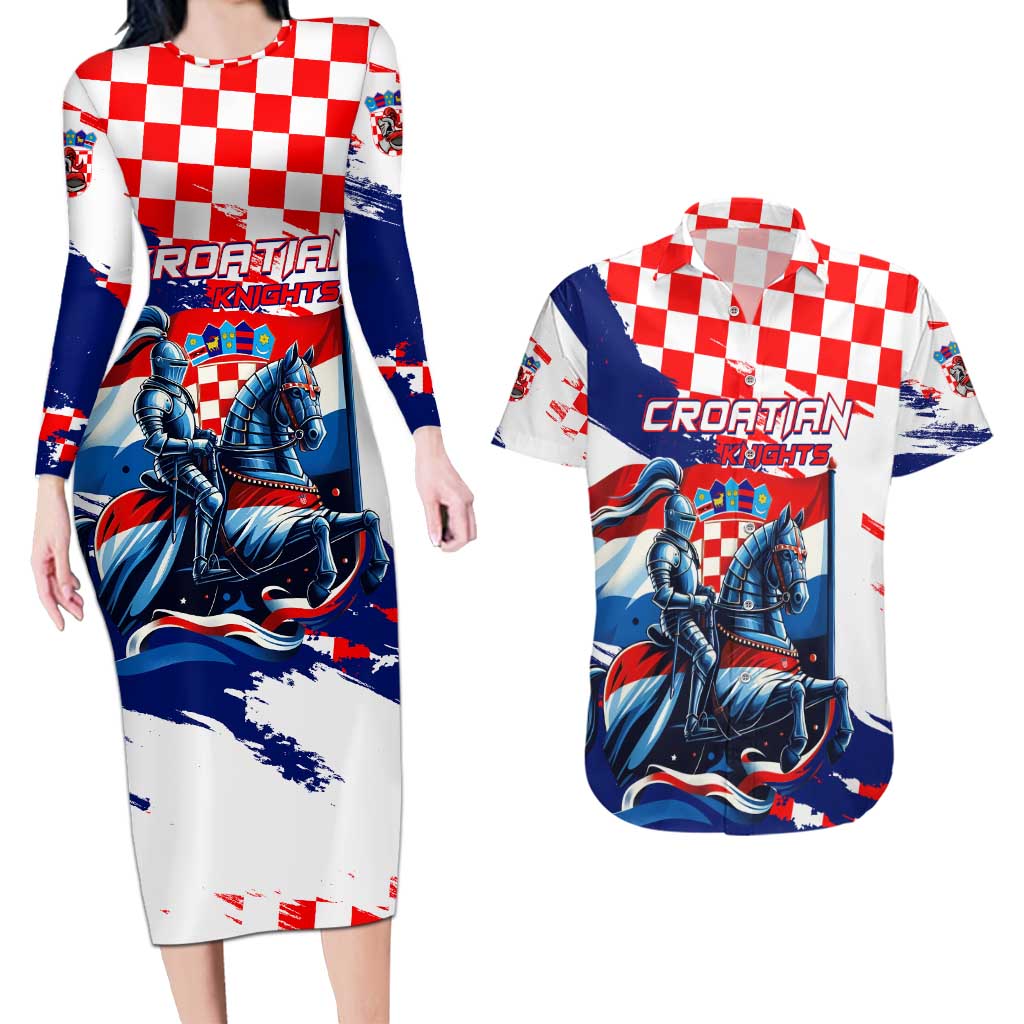 Personalized Croatian Knights Couples Matching Long Sleeve Bodycon Dress and Hawaiian Shirt Hrvatska Coat Of Arms - Wonder Print Shop