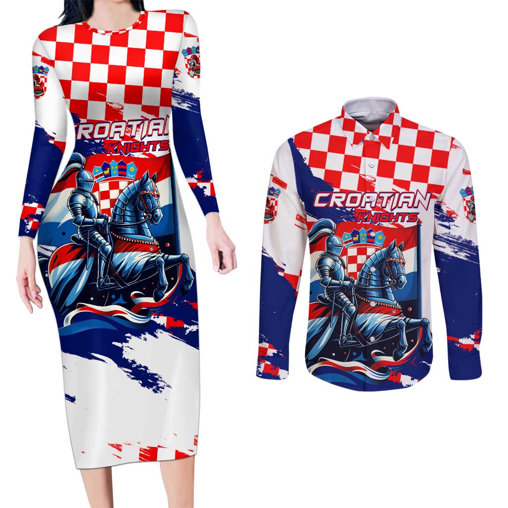 Personalized Croatian Knights Couples Matching Long Sleeve Bodycon Dress and Long Sleeve Button Shirt Hrvatska Coat Of Arms - Wonder Print Shop