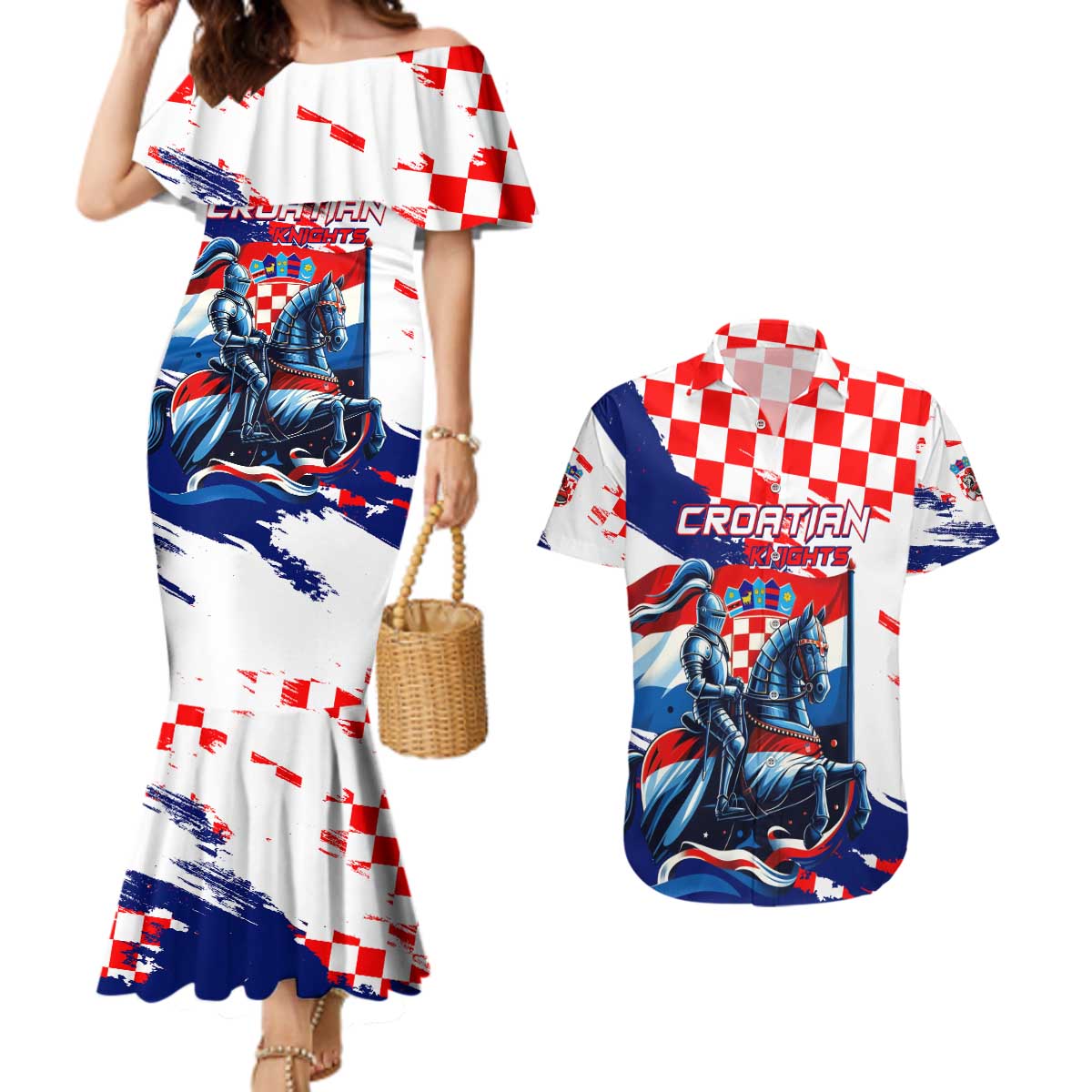 Personalized Croatian Knights Couples Matching Mermaid Dress and Hawaiian Shirt Hrvatska Coat Of Arms - Wonder Print Shop
