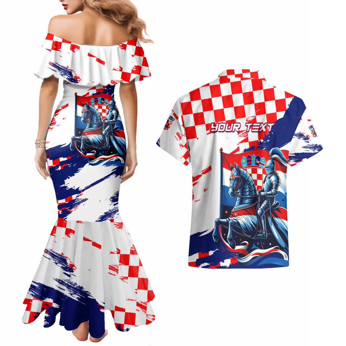 Personalized Croatian Knights Couples Matching Mermaid Dress and Hawaiian Shirt Hrvatska Coat Of Arms - Wonder Print Shop
