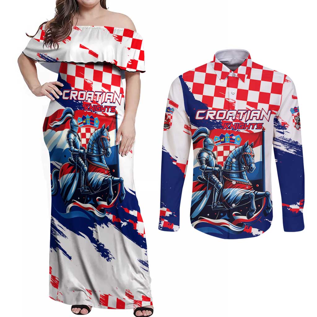 Personalized Croatian Knights Couples Matching Off Shoulder Maxi Dress and Long Sleeve Button Shirt Hrvatska Coat Of Arms - Wonder Print Shop