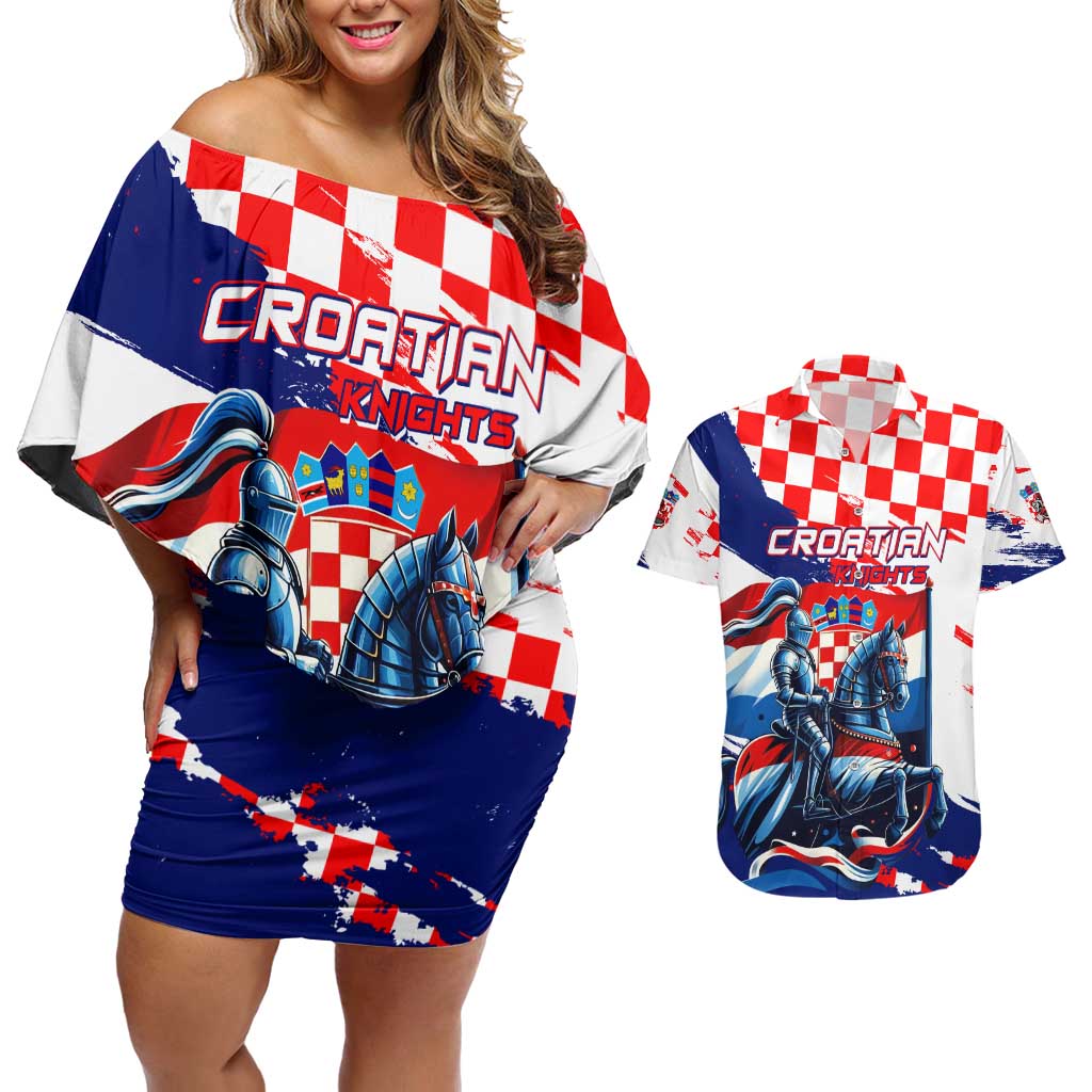 Personalized Croatian Knights Couples Matching Off Shoulder Short Dress and Hawaiian Shirt Hrvatska Coat Of Arms - Wonder Print Shop