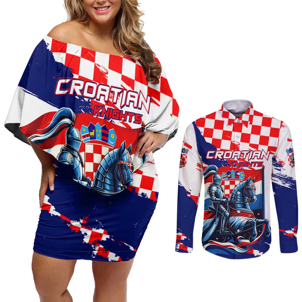 Personalized Croatian Knights Couples Matching Off Shoulder Short Dress and Long Sleeve Button Shirt Hrvatska Coat Of Arms - Wonder Print Shop