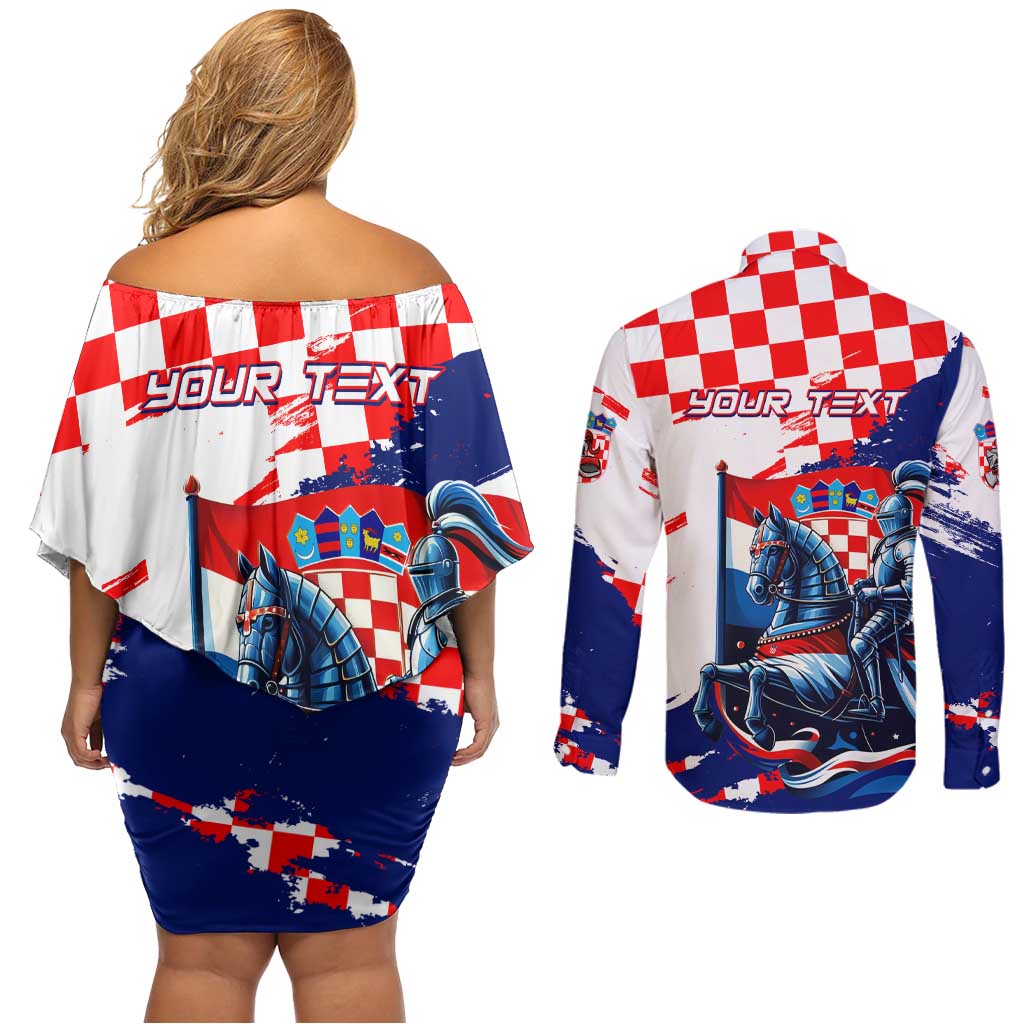 Personalized Croatian Knights Couples Matching Off Shoulder Short Dress and Long Sleeve Button Shirt Hrvatska Coat Of Arms - Wonder Print Shop