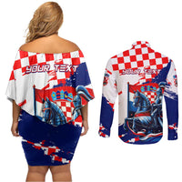 Personalized Croatian Knights Couples Matching Off Shoulder Short Dress and Long Sleeve Button Shirt Hrvatska Coat Of Arms - Wonder Print Shop