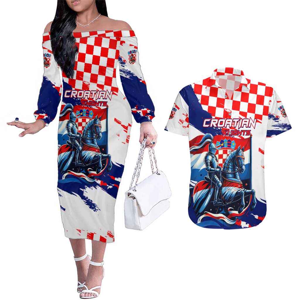 Personalized Croatian Knights Couples Matching Off The Shoulder Long Sleeve Dress and Hawaiian Shirt Hrvatska Coat Of Arms - Wonder Print Shop