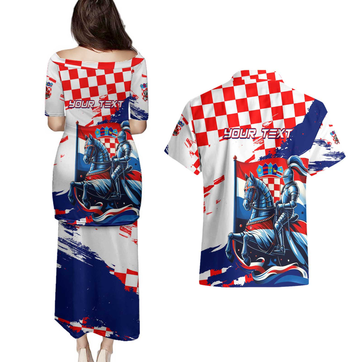 Personalized Croatian Knights Couples Matching Puletasi and Hawaiian Shirt Hrvatska Coat Of Arms - Wonder Print Shop