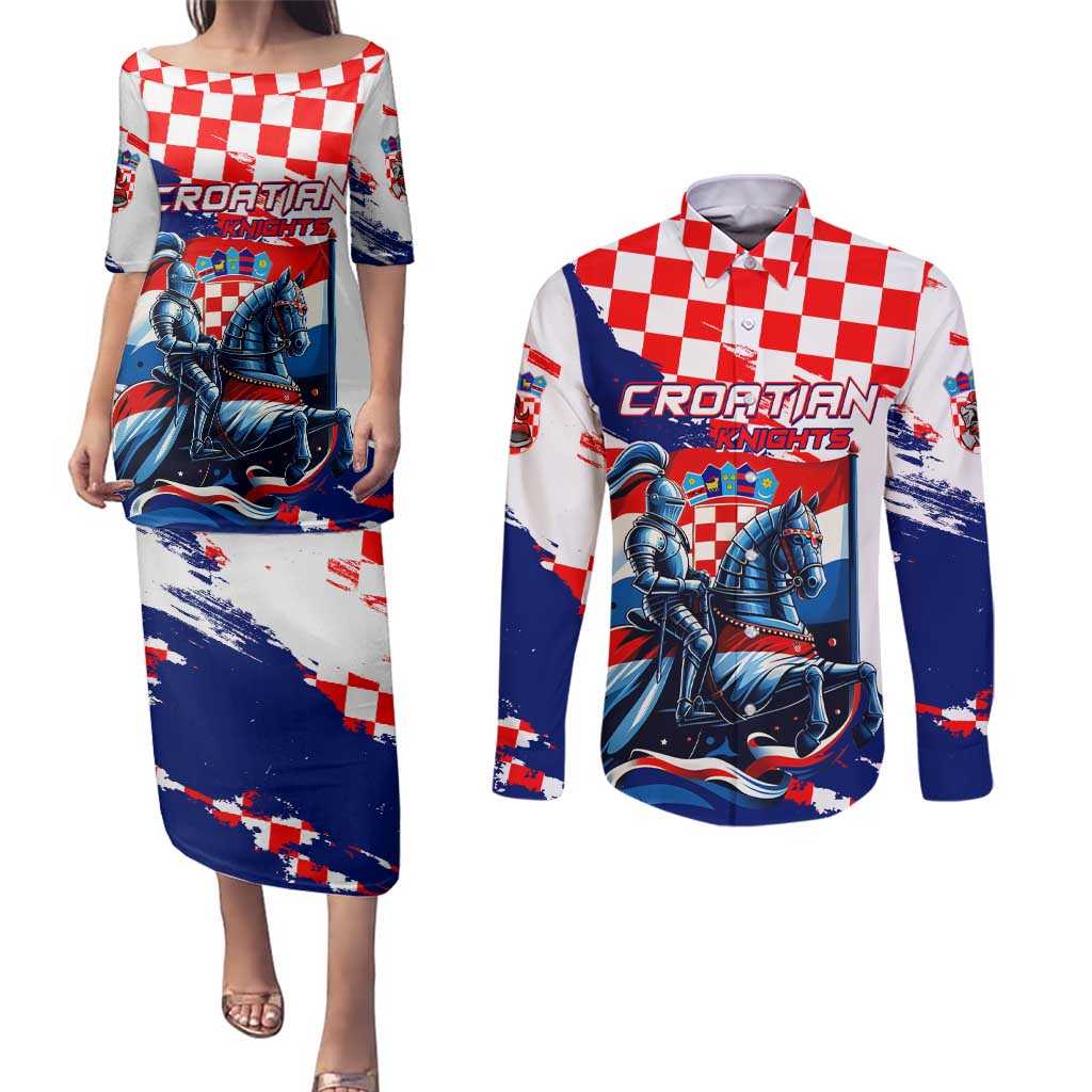 Personalized Croatian Knights Couples Matching Puletasi and Long Sleeve Button Shirt Hrvatska Coat Of Arms - Wonder Print Shop
