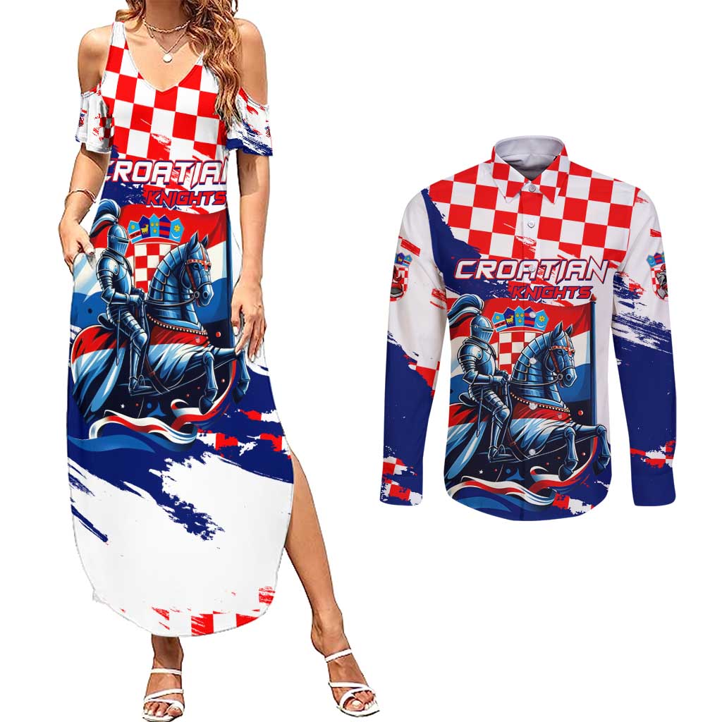 Personalized Croatian Knights Couples Matching Summer Maxi Dress and Long Sleeve Button Shirt Hrvatska Coat Of Arms - Wonder Print Shop