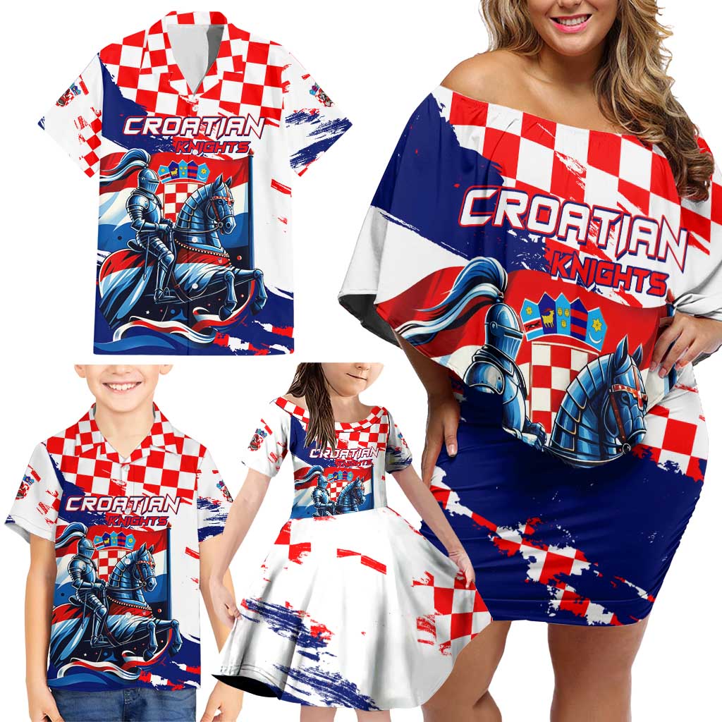 Personalized Croatian Knights Family Matching Off Shoulder Short Dress and Hawaiian Shirt Hrvatska Coat Of Arms - Wonder Print Shop