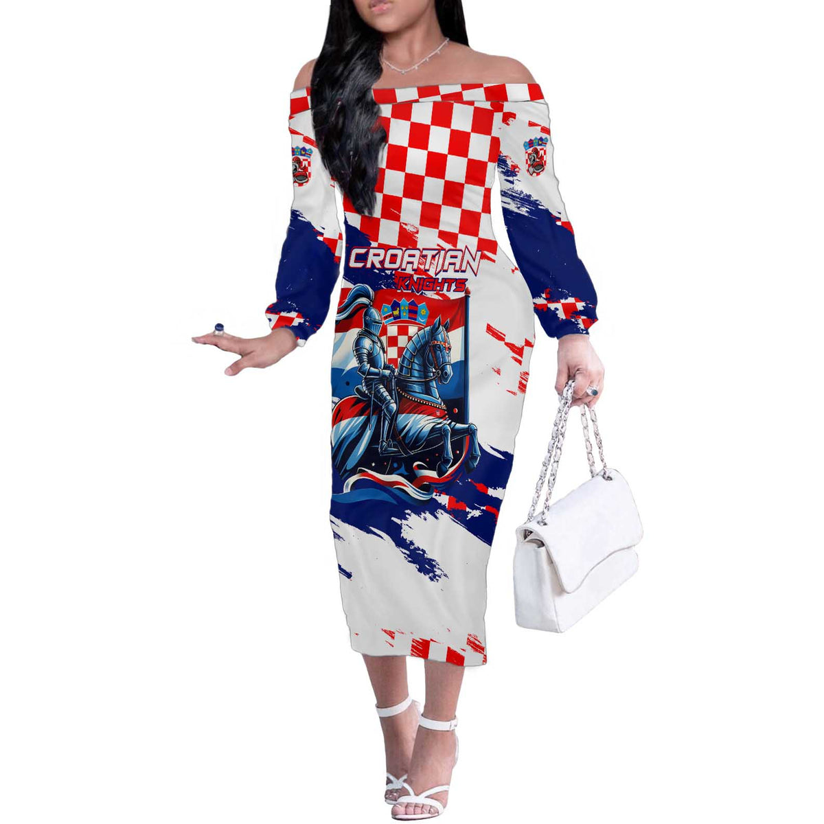 Personalized Croatian Knights Off The Shoulder Long Sleeve Dress Hrvatska Coat Of Arms - Wonder Print Shop
