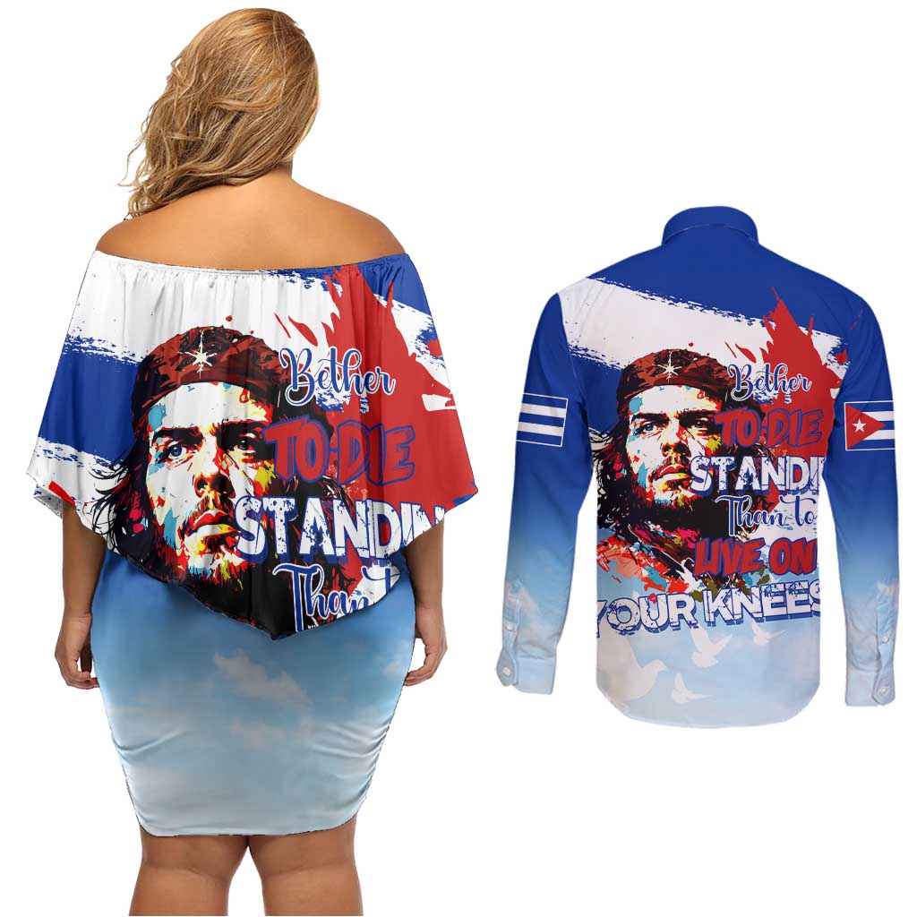 Cuba Che Guevara Couples Matching Off Shoulder Short Dress and Long Sleeve Button Shirt Cuban Revolution - Wonder Print Shop