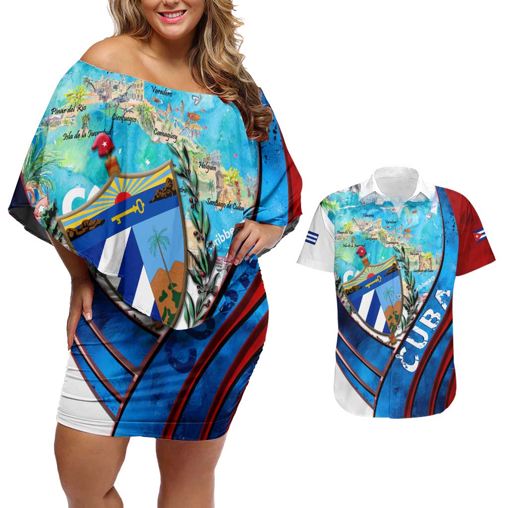 Coat Of Arms Cuba Couples Matching Off Shoulder Short Dress and Hawaiian Shirt Caribbean Cuban Map - Wonder Print Shop
