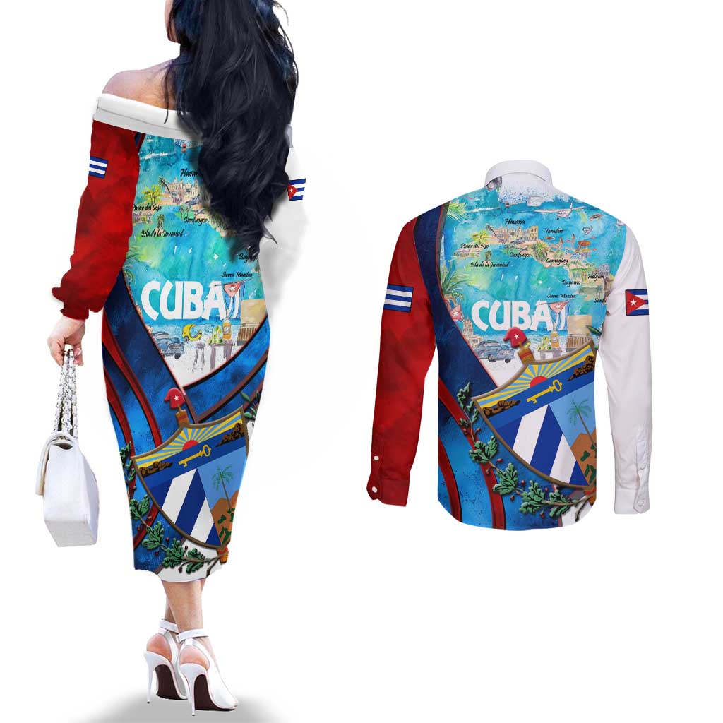 Coat Of Arms Cuba Couples Matching Off The Shoulder Long Sleeve Dress and Long Sleeve Button Shirt Caribbean Cuban Map