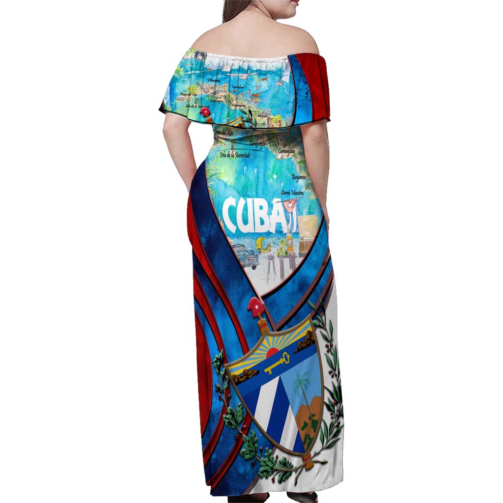 Coat Of Arms Cuba Family Matching Off Shoulder Maxi Dress and Hawaiian Shirt Caribbean Cuban Map - Wonder Print Shop