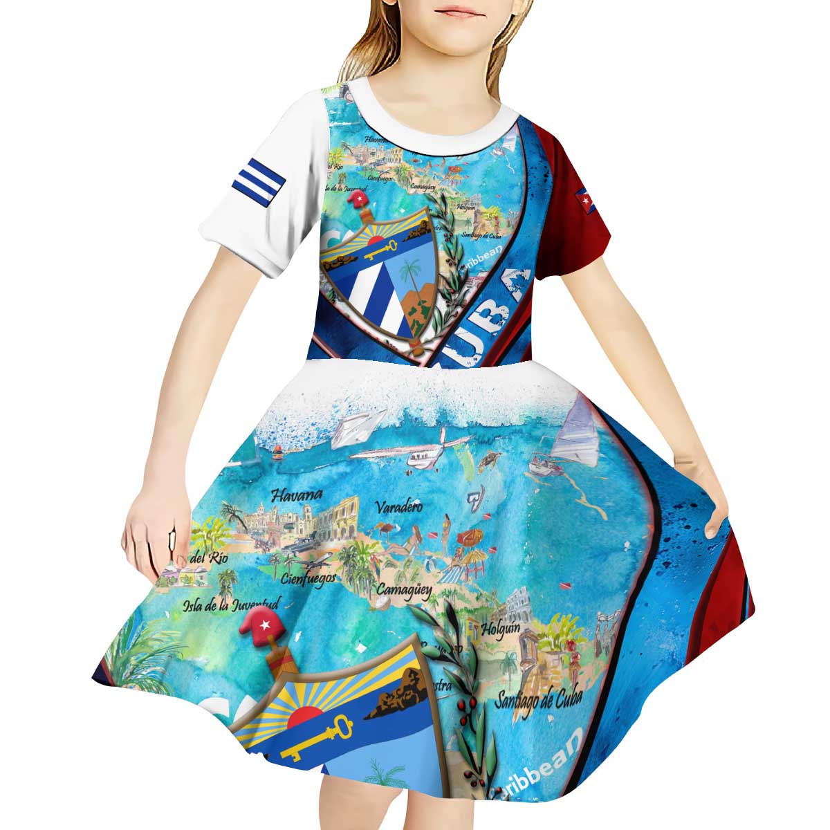 Coat Of Arms Cuba Kid Short Sleeve Dress Caribbean Cuban Map - Wonder Print Shop