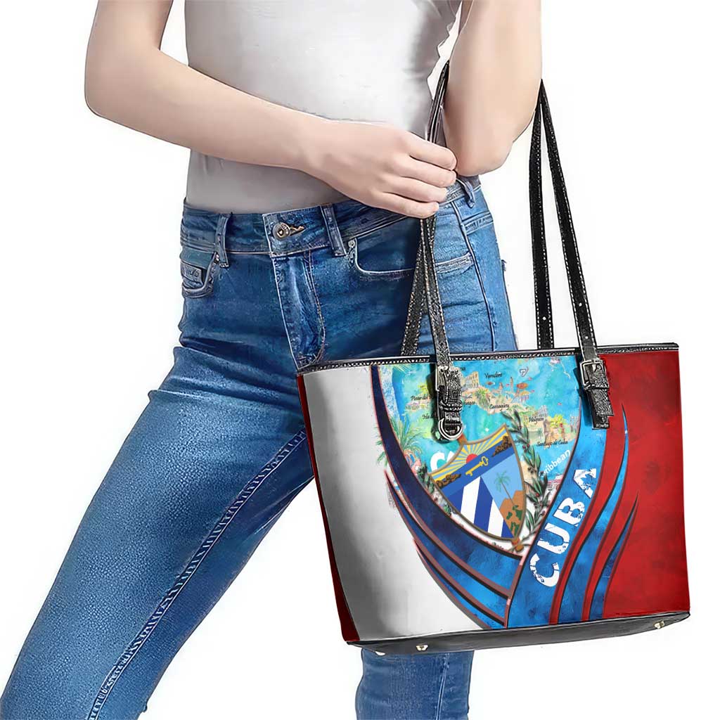 Coat Of Arms Cuba Leather Tote Bag Caribbean Cuban Map - Wonder Print Shop
