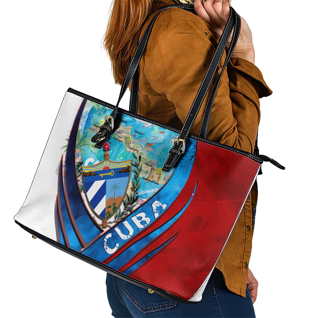 Coat Of Arms Cuba Leather Tote Bag Caribbean Cuban Map - Wonder Print Shop