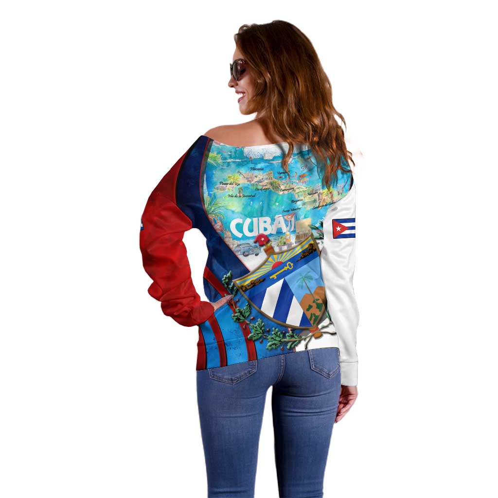 Coat Of Arms Cuba Off Shoulder Sweater Caribbean Cuban Map - Wonder Print Shop