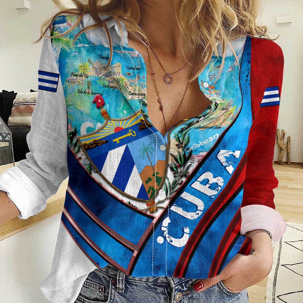 Coat Of Arms Cuba Women Casual Shirt Caribbean Cuban Map - Wonder Print Shop