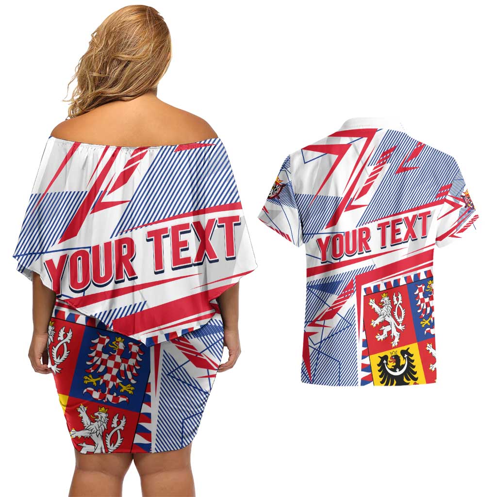 Coat Of Arms Czechia Couples Matching Off Shoulder Short Dress and Hawaiian Shirt Czech Republic Sporty Geometric - Wonder Print Shop
