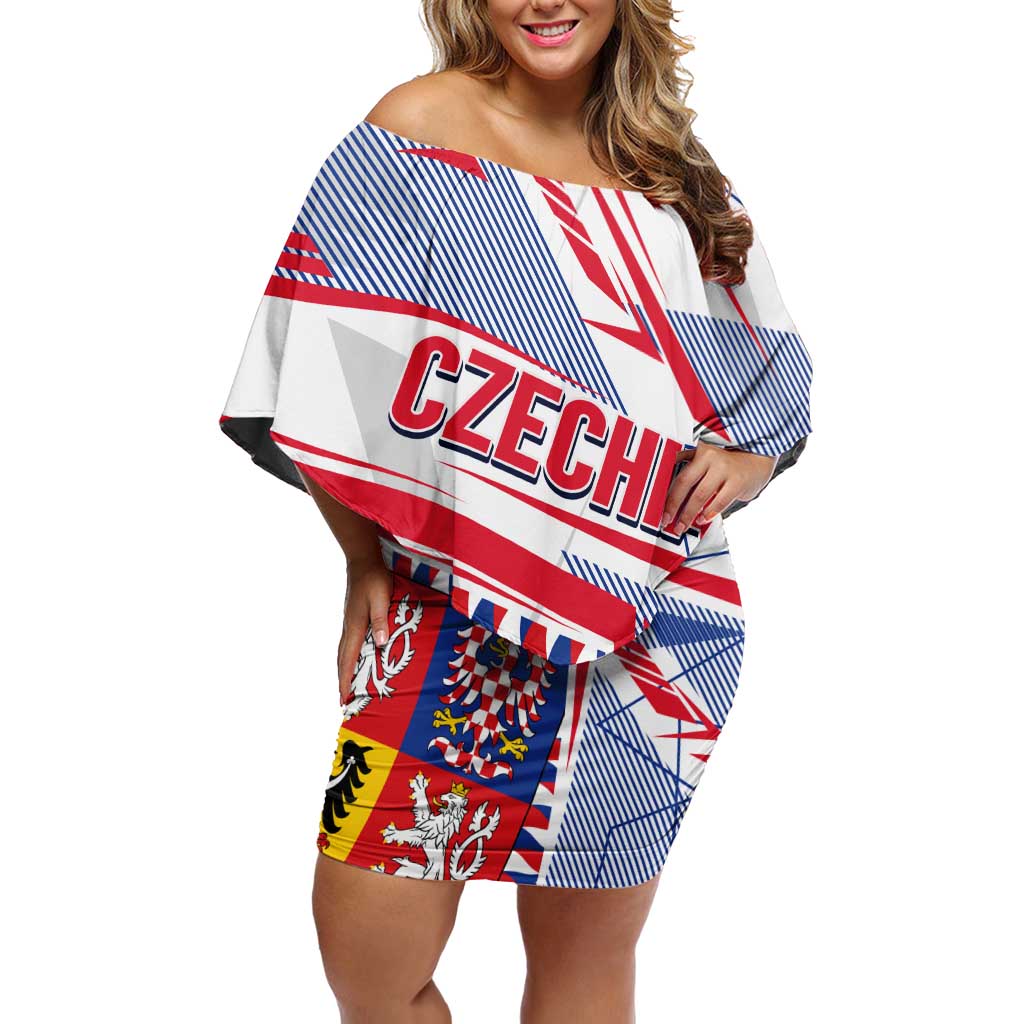 Coat Of Arms Czechia Family Matching Off Shoulder Short Dress and Hawaiian Shirt Czech Republic Sporty Geometric - Wonder Print Shop
