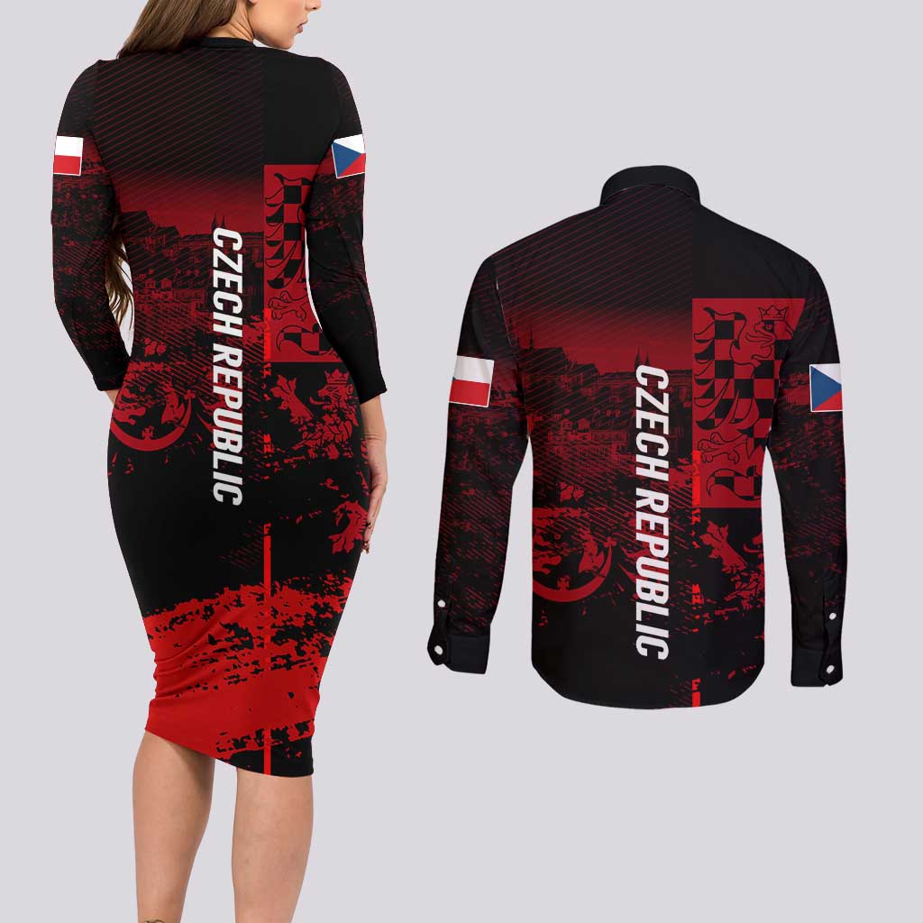 Czech Republic Lion Couples Matching Long Sleeve Bodycon Dress and Long Sleeve Button Shirt Czechia Black Red - Wonder Print Shop