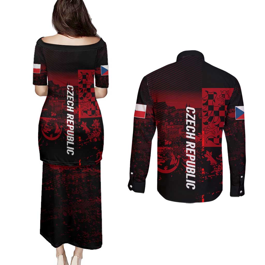 Czech Republic Lion Couples Matching Puletasi and Long Sleeve Button Shirt Czechia Black Red - Wonder Print Shop