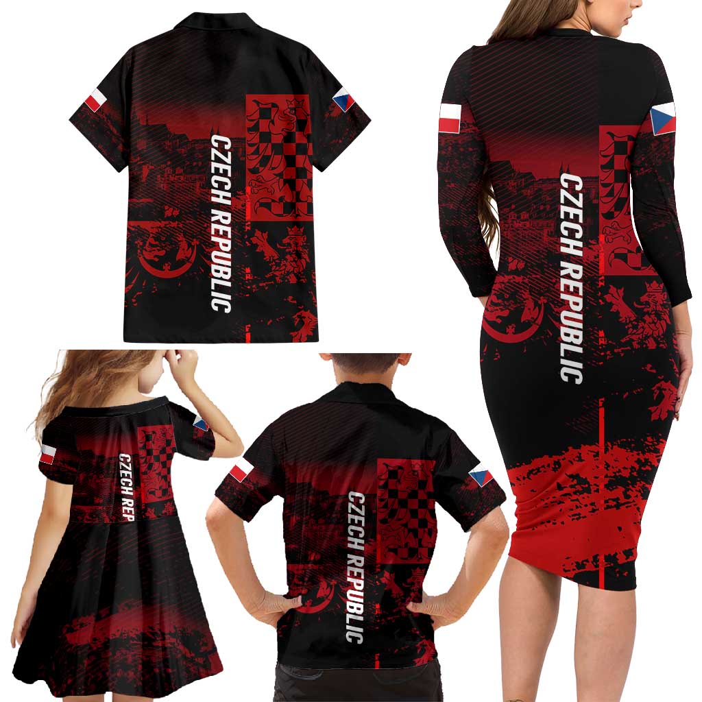 Czech Republic Lion Family Matching Long Sleeve Bodycon Dress and Hawaiian Shirt Czechia Black Red - Wonder Print Shop