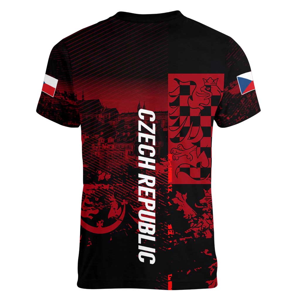 Czech Republic Lion Women V-Neck T-Shirt Czechia Black Red - Wonder Print Shop