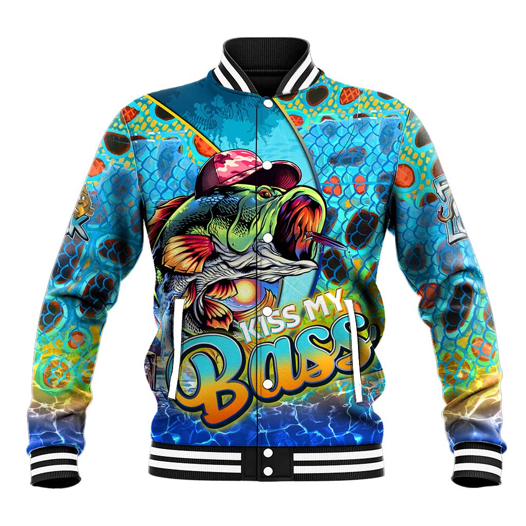 Personalized Kiss My Bass Fishing Baseball Jacket Fish Me Luck - Wonder Print Shop