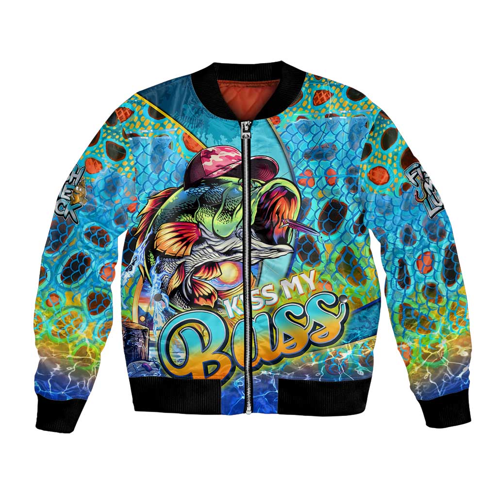 Personalized Kiss My Bass Fishing Bomber Jacket Fish Me Luck - Wonder Print Shop