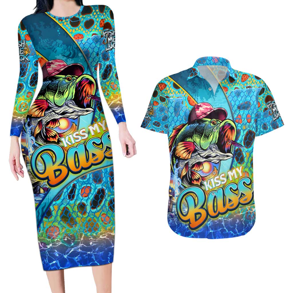 Personalized Kiss My Bass Fishing Couples Matching Long Sleeve Bodycon Dress and Hawaiian Shirt Fish Me Luck - Wonder Print Shop