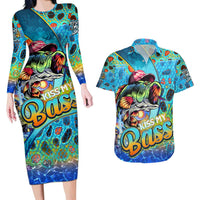 Personalized Kiss My Bass Fishing Couples Matching Long Sleeve Bodycon Dress and Hawaiian Shirt Fish Me Luck - Wonder Print Shop